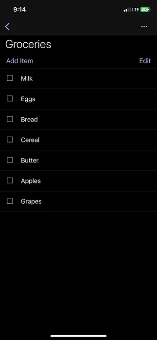 Onenote アプリの食料品リスト