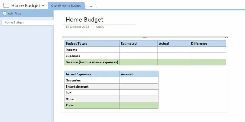 Onenote の住宅予算の例