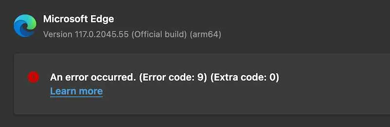 Se ha producido un error Código de error 9 Código extra 0 Microsoft Edge Browser para Mac