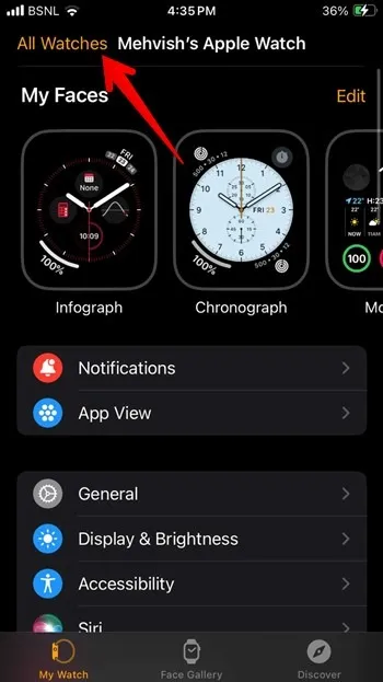 Ver aplicación en iPhone, opción Todos los relojes