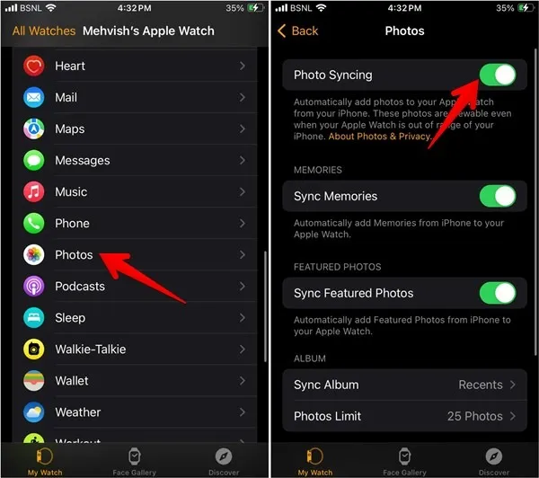 Sincronización de fotos con Apple Watch en Configuración del iPhone
