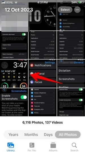 Capturas de pantalla de Apple Watch en la aplicación Fotos en iPhone