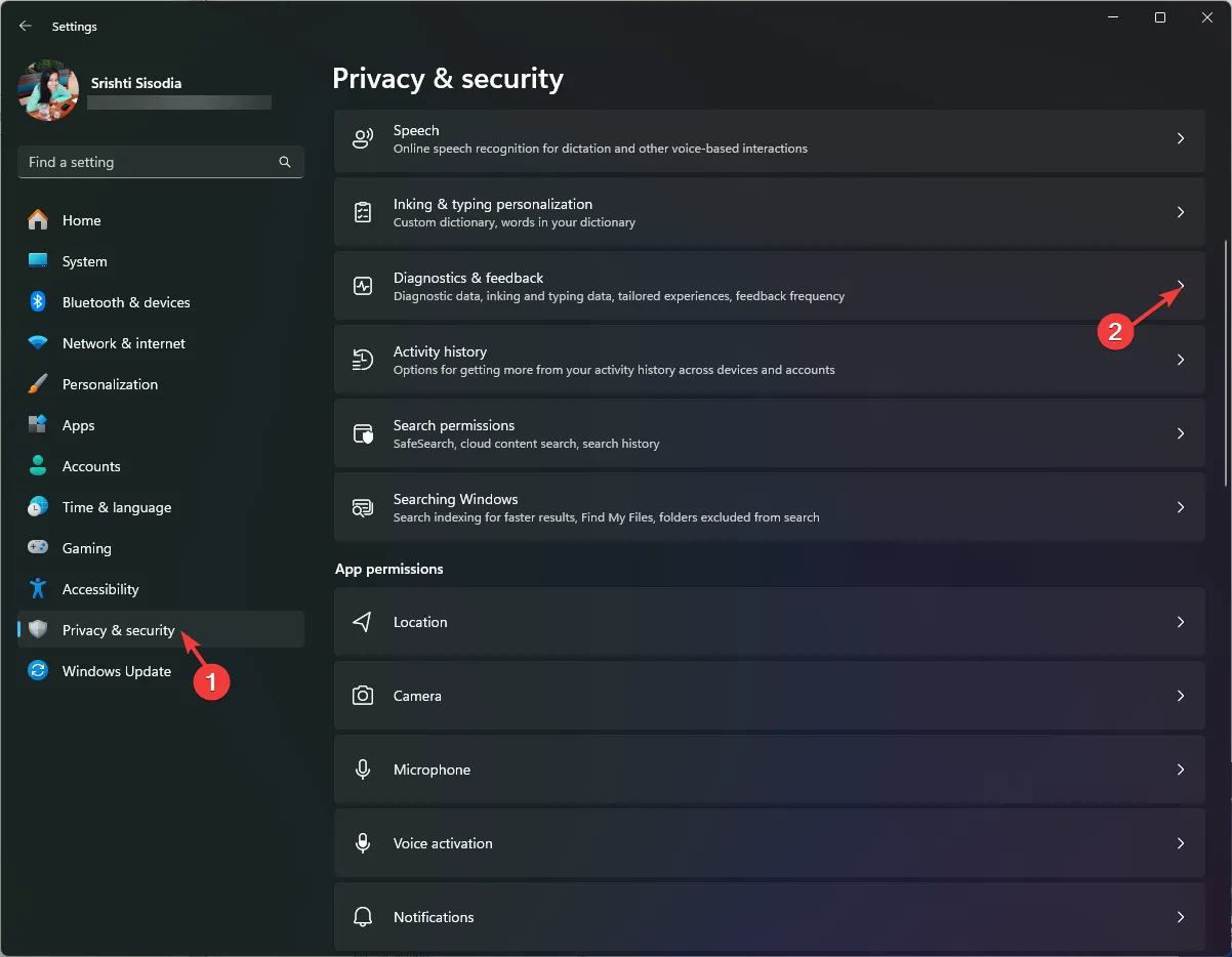 Prywatność i bezpieczeństwo, wybierz Diagnostyka i opinie — pobierz Windows 11 23H2