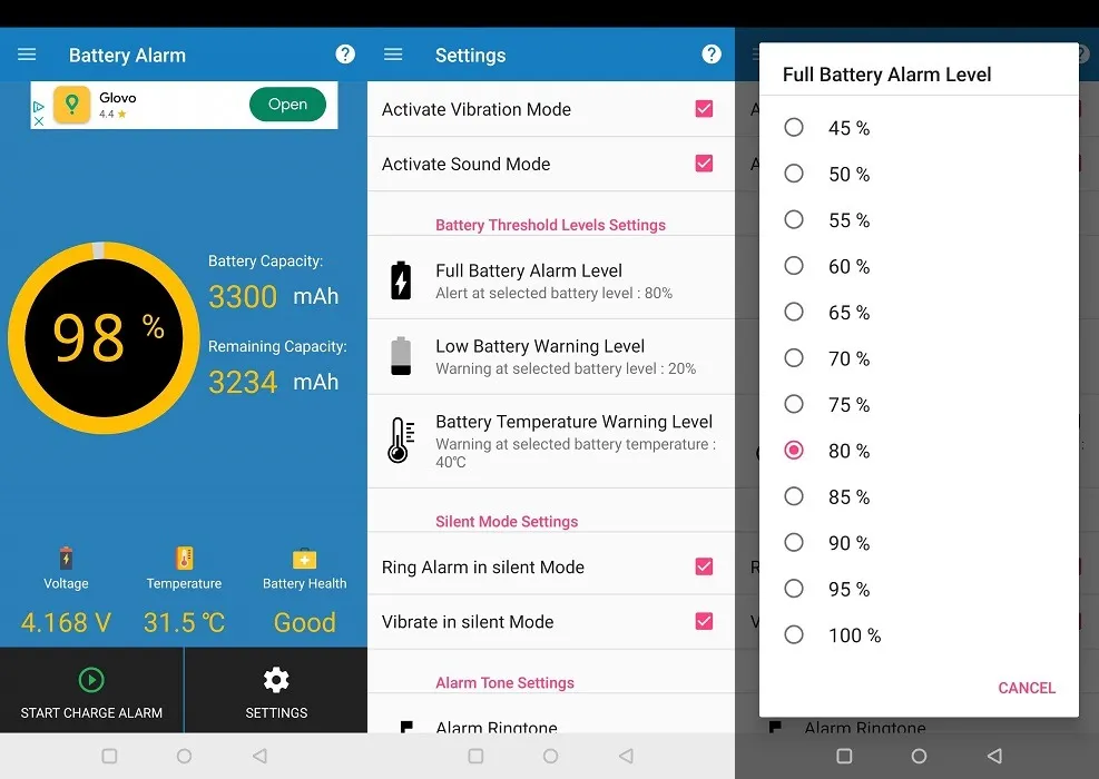 Übersicht über die Benutzeroberfläche der App „Alarm bei vollem Akkuladestand“.