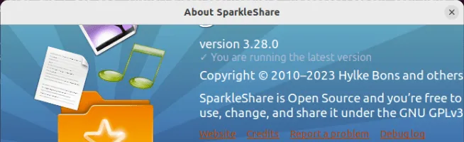 SparkleShare の実行中のインスタンスのバージョン番号のスクリーンショット。