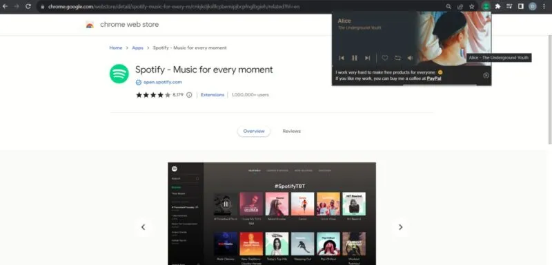 Extension Spotify Player active dans le navigateur Chrome.