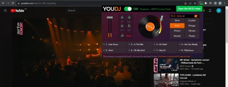 YOU.DJ-extensie in actie op de YouTube-website.