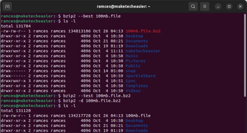 Ein Terminal, das zeigt, wie bzip2 eine Datei komprimiert und dekomprimiert.