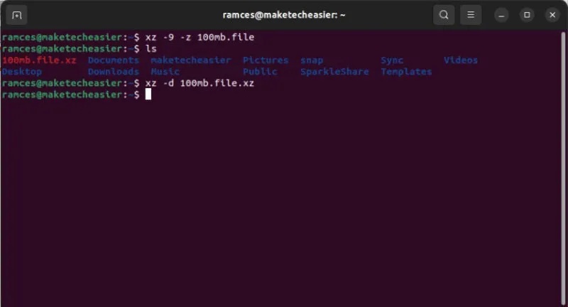 Ein Terminal, das xz beim Komprimieren und Dekomprimieren einer Datei zeigt.