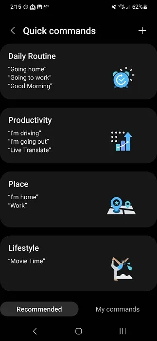 Schermata di configurazione delle routine Bixby nell'app Bixby.