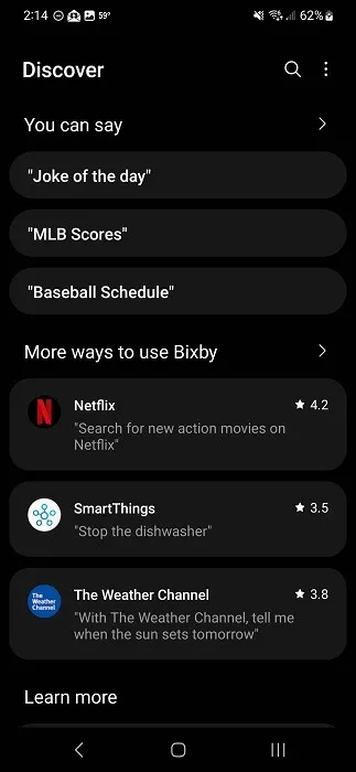 Section Découvrir dans l'application Bixby.