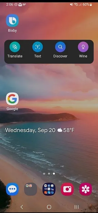 Aplikacja Bixby wyświetlana na ekranie głównym urządzenia Samsung.