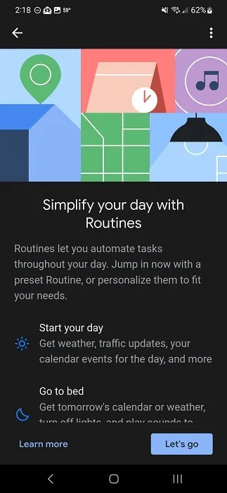 Tela Rotinas do Google Assistant no telefone Android.