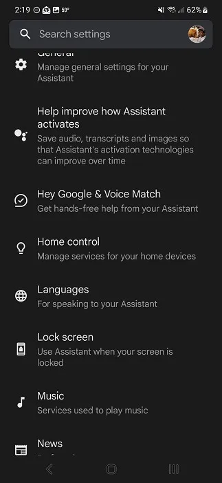 Liste des paramètres de Google Assistant.