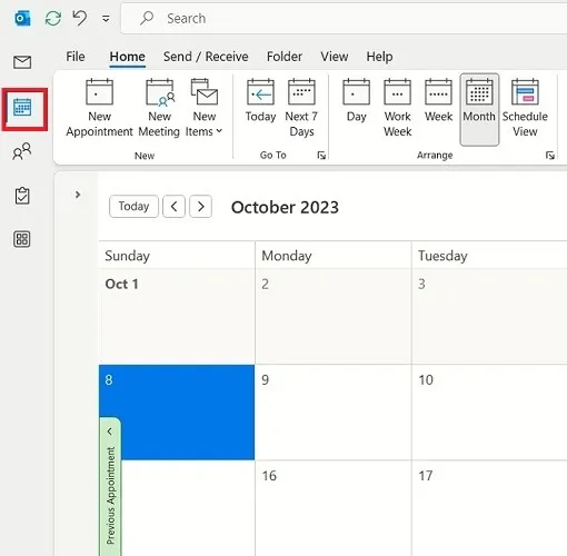 Passaggio all'app Calendario nell'app Outlook.