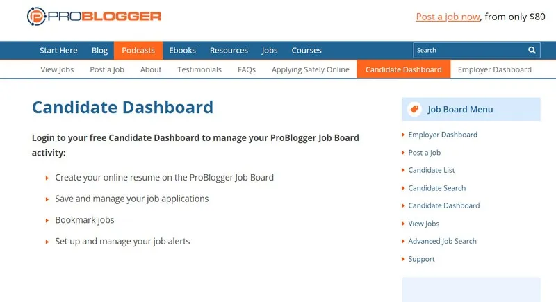 Dashboard del candidato in Problogger