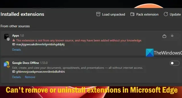 Não é possível remover ou desinstalar extensões no Microsoft Edge