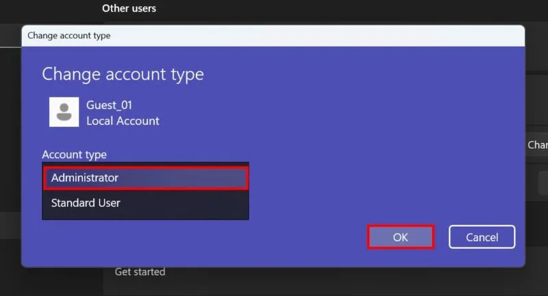 Modification du type de compte en Administrateur dans les paramètres Windows.