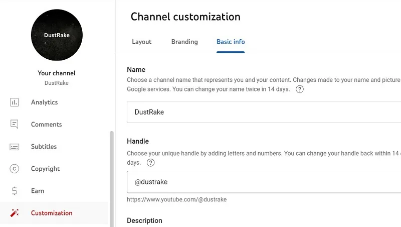 Alterar o nome do canal e o nome do identificador no YouTube Studio
