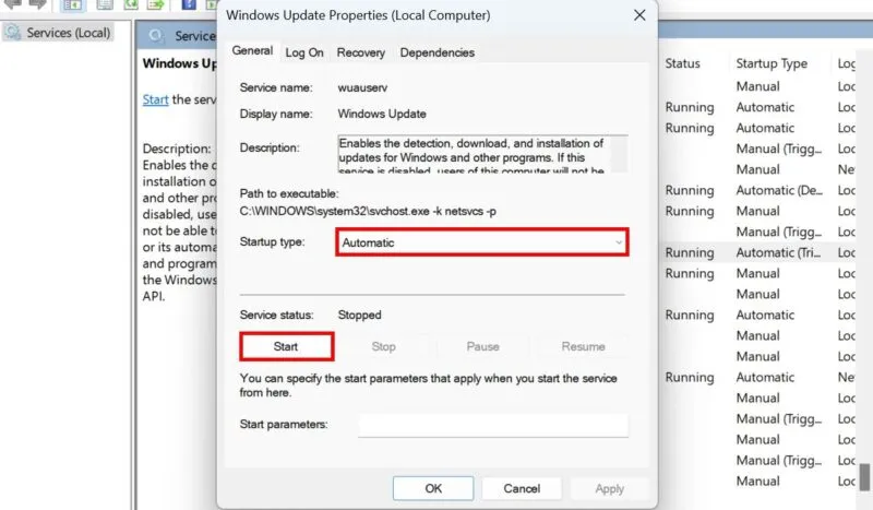 Imposta il tipo di avvio per Windows Update su Automatico