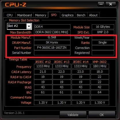 Überprüfung der RAM-SKU über CPU-Z.
