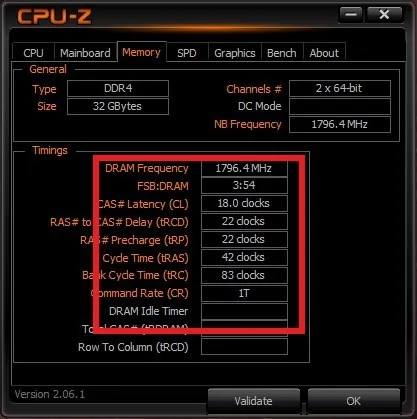 Exibindo informações de memória no programa CPU-Z.