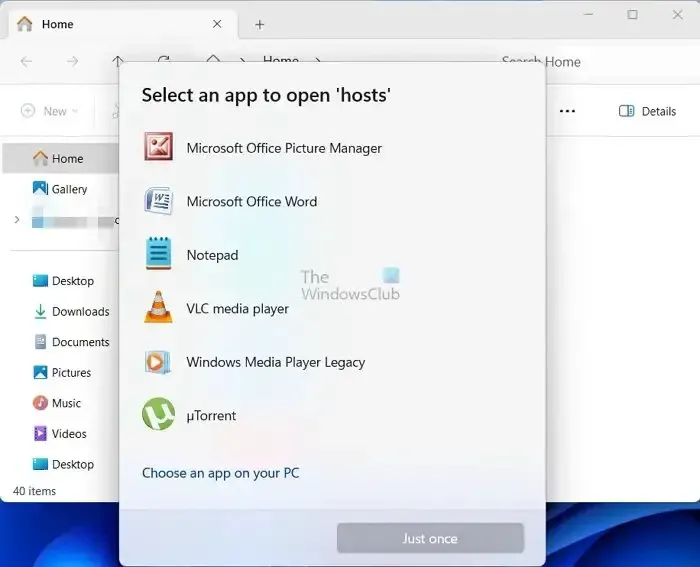 Scegli l'app per aprire il file host