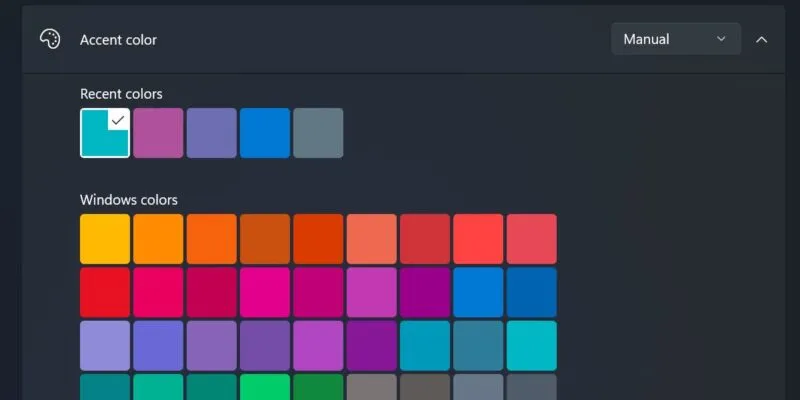 Sélection d'une couleur d'accent dans la personnalisation Windows.