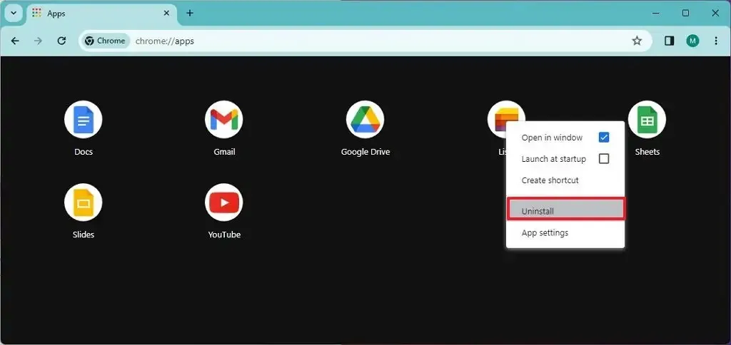 Chrome desinstalar o aplicativo Microsoft Lists