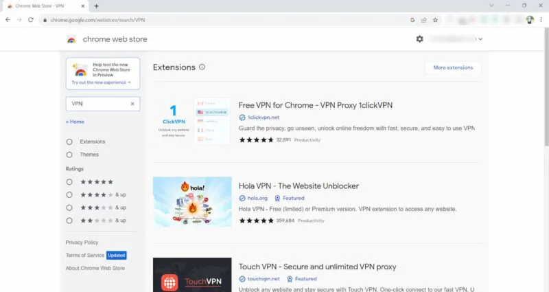 Opções de extensão VPN disponíveis na Chrome Web Store.