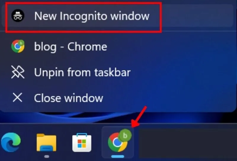 Clique com o botão direito em Chrome na barra de tarefas e selecione Nova janela anônima.