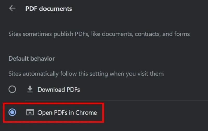 Clique em Abrir PDFs no Chrome.
