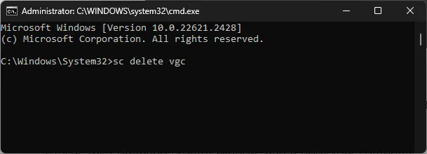 sc delete vgc -alorant Pas de désinstallation sous Windows 11