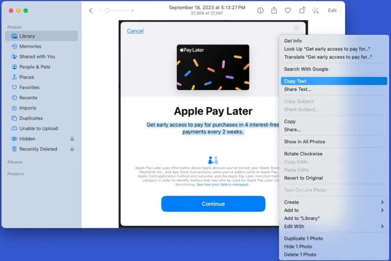 Copie texto em fotos no Mac