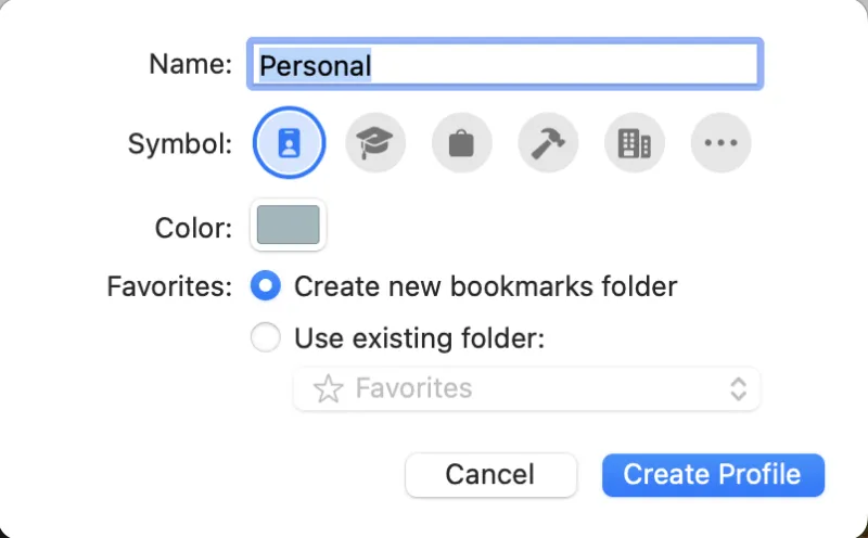 Esta é a janela Criar um perfil Safari que mostra opções de personalização de nome, símbolo, cor e Favoritos.
