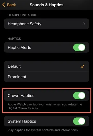 Crown Haptics dans l’application Watch sur iPhone