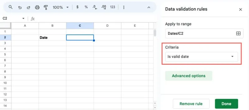 Critères de la barre latérale des règles de validation des données pour la date de validité