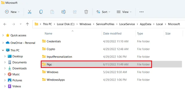 Eliminar la carpeta NGC en Windows 11