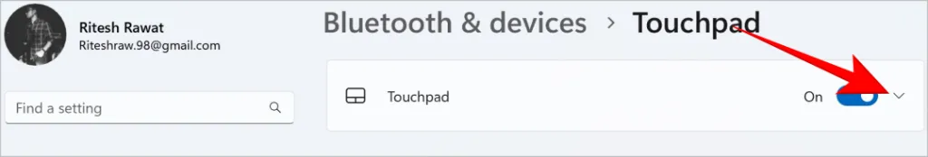 Pfeil für weitere Einstellungen des Touchpads