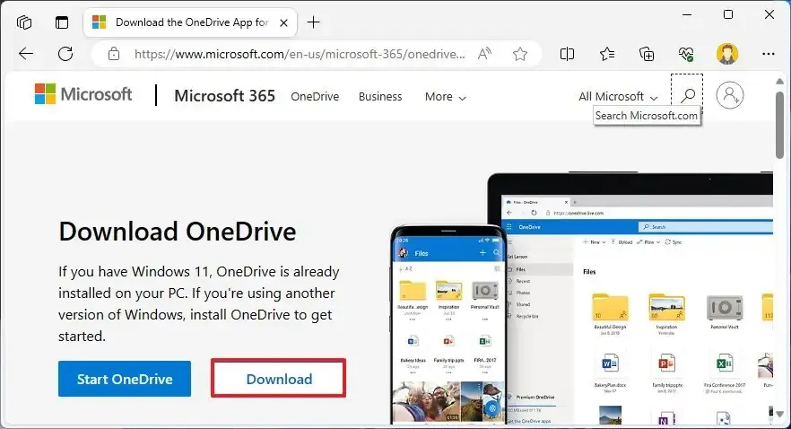 Descarga del instalador de OneDrive