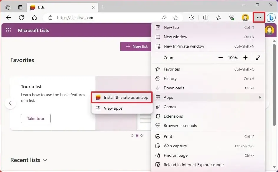 Edge instala o aplicativo Microsoft Lists