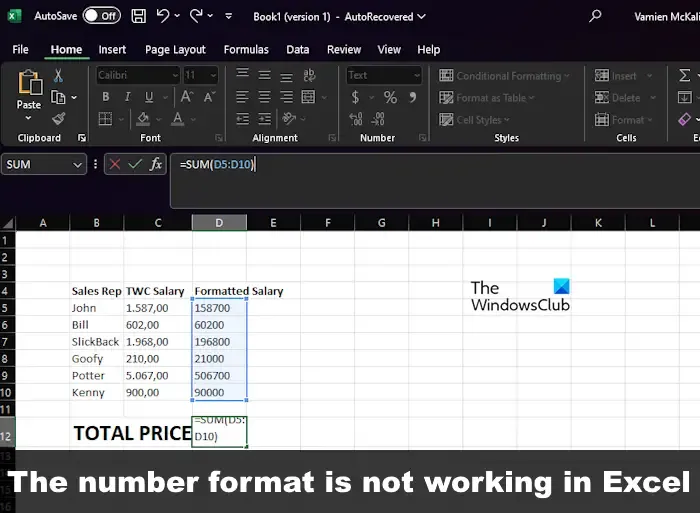 La formattazione dei numeri non funziona in Excel