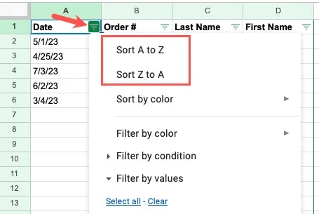 Opciones de clasificación del botón de filtro en Google Sheets
