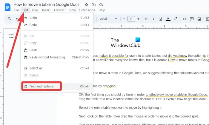 Encontre e substitua o Google Docs