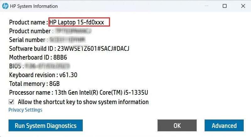 Laptopinfo bekijken via HP Systeeminformatie.