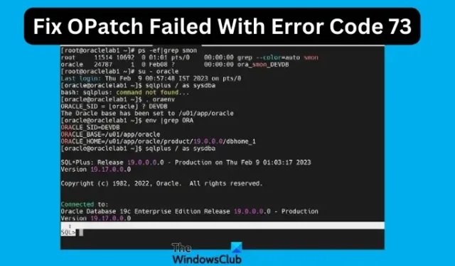 La correction d’OPatch a échoué avec le code d’erreur 73