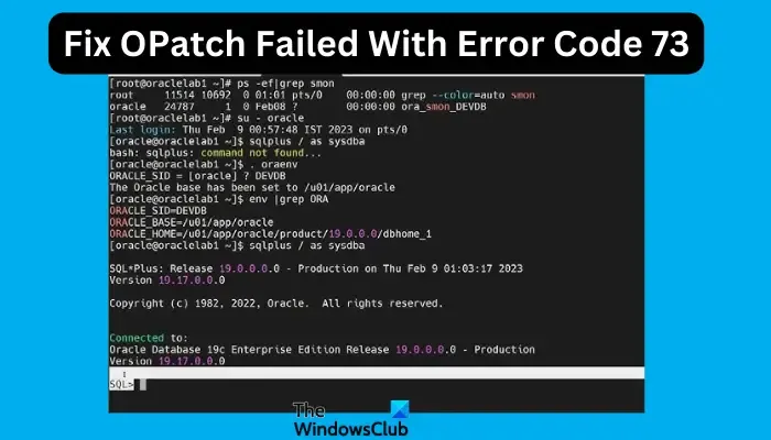 La correction d'OPatch a échoué avec le code d'erreur 73