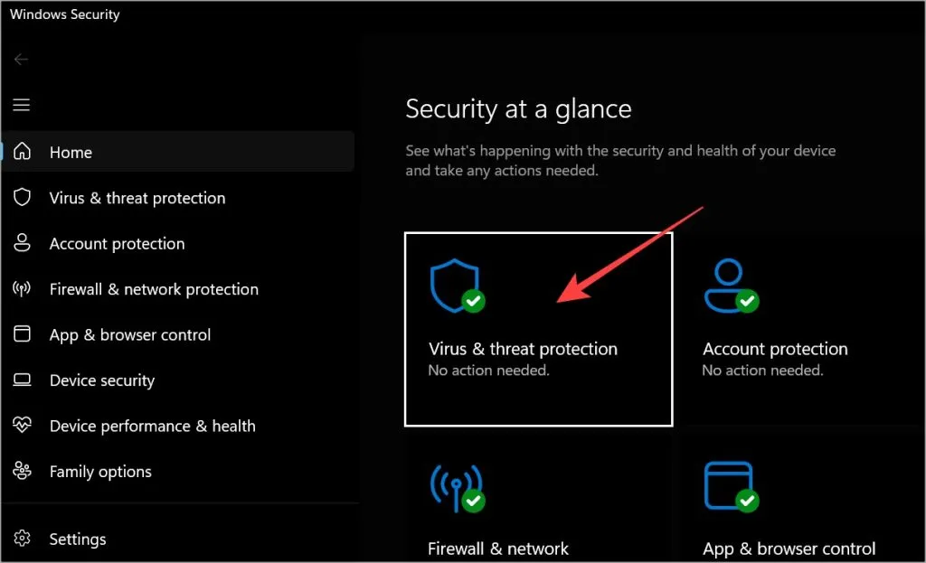 Windows PC의 Windows 보안에서 바이러스 및 위협 방지 기능을 엽니다.