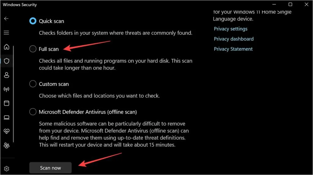 esegui la scansione completa per Windows Security Defender