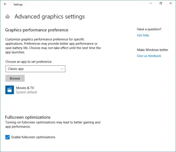 Abilita o disabilita le ottimizzazioni a schermo intero su Windows 10